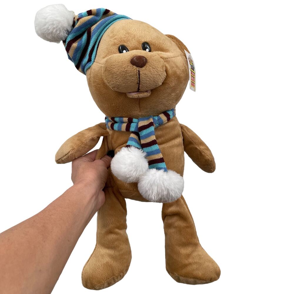 Vintage Teddy Bear Plush Striped Scarf & Hat Pom y2k Stuffed Animal ToyTAGS
